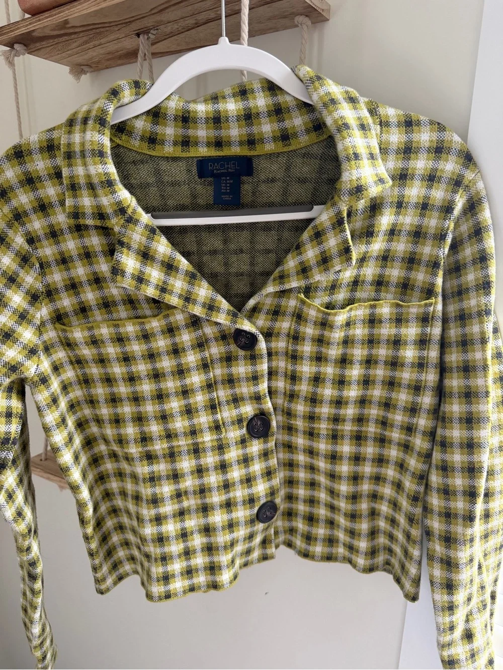 RACHEL Rachel Roy Yellow, Black & White Plaid Knit Cardigan